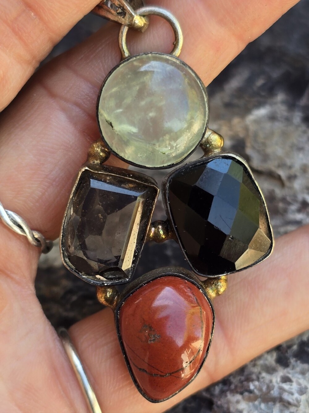Chunky artisan silver multigemstone chacelodony, onyx, amethyst, and red jasper